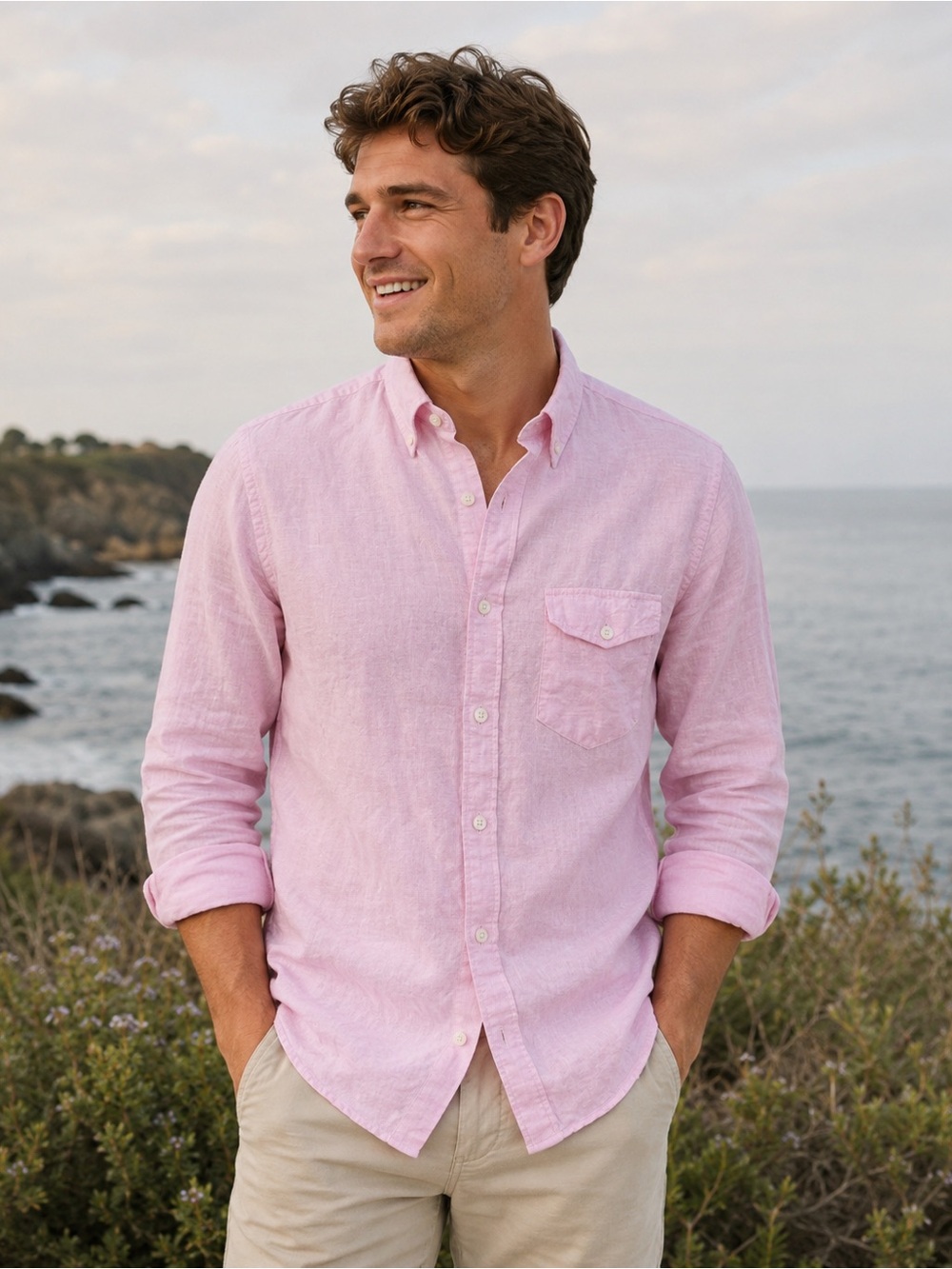 J. Crew Slim Fit Baird McNutt Irish Linen Light Pink Men’s Button-Down Shirt M